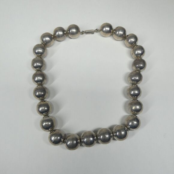 Sterling Silver Ball Bead Necklace Large 17" Mexico 925 TS-151 Vintage 144g